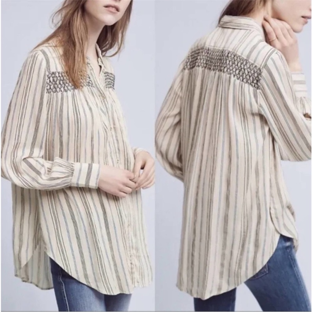 Anthropologie Floreat Northfolk Embroidered Stripe Button Down Shirt Size XS